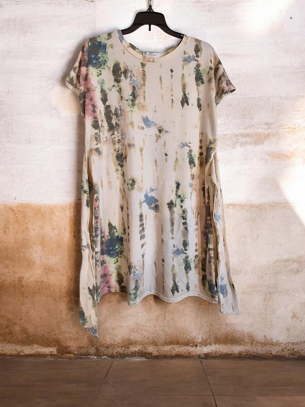 New Directions Cream Tie-Dye A-Line Tunic with Pastel Blue, Green & Pink w Tie